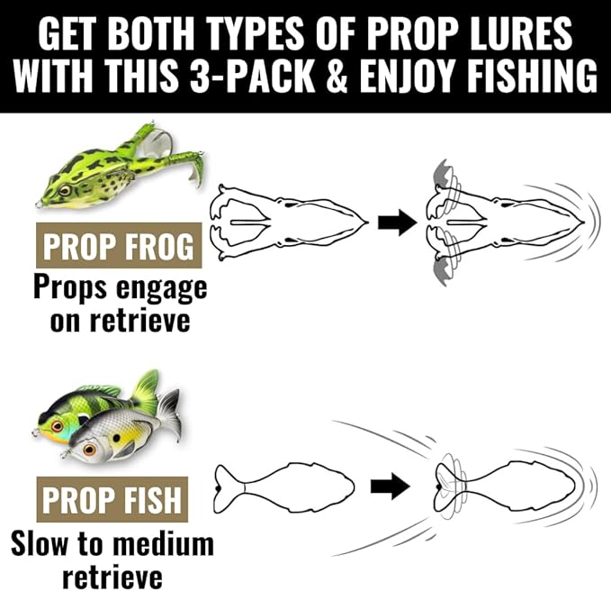 LUNKERHUNT Bass Fishing Lures Kit (3-Pack) - 2 Prop Fish Lures and 1 Prop Frog Lure | Weedless Hooks Hollow Realistic Body, Small Frog Lures & Fishing Lures for bass Fishing Whopper plopper