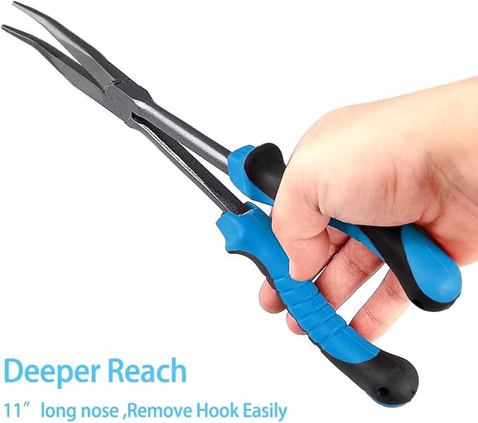 Long Nose Fishing Pliers Hook Remover Tools 11 Inches (Blue Black - Curved Needle Nose Pliers)