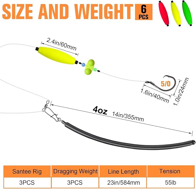 Dovesun 6PCS Catfish Rigs Kit Santee Rig with Catfish Float Rattler Dragging Weights Catfishing Tackle Circle Hook Size 5/0 8/0 Weight Size 2OZ/3OZ/4OZ