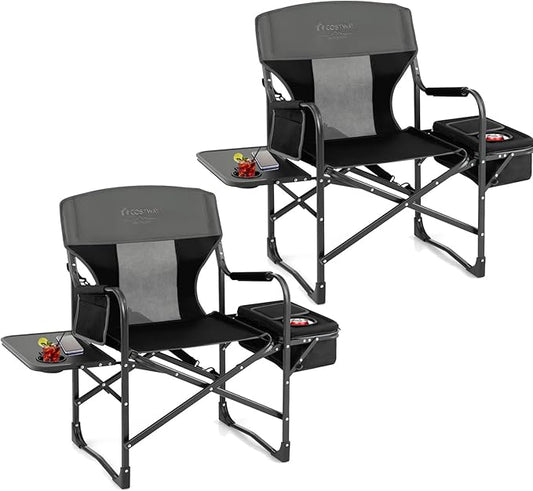 COSTWAY Folding Camping Chair, Heavy-Duty Director Chair Supports 400lbs for Adults with Side Table, Cooler Bag, Storage, Strap, Portable Makeup Chair Suitable for Fishing Picnic