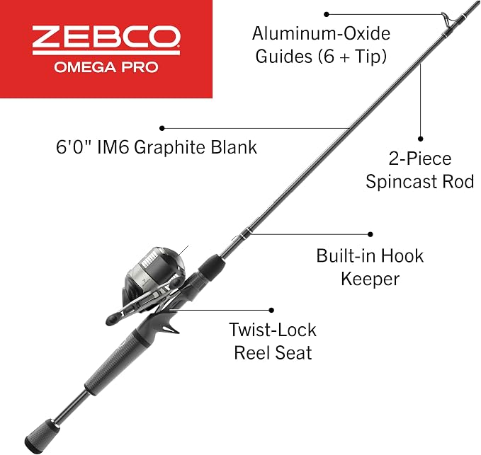 Zebco Omega Pro Spincast Reel and Fishing Rod Combo, 6-Foot 2-Piece IM6 Graphite Fishing Pole, Split MaxTac Grip Rod Handle, Size 30 Reel, Pre-spooled with 10-Pound Line