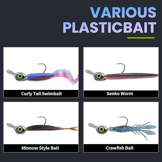 Shaky Head Jigs with Front Tongue Plate & Keeper for Weedless Fishing for Freshwater & Saltwater- 10-Pack Jig Heads for Fishing Bass, Trout - 1/8, 3/16, 1/4, 3/8 OZ