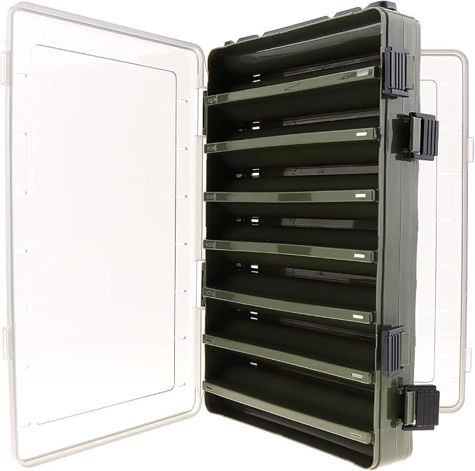 Double Sided 14 Compartments Fishing Tackle Boxes Fishing Lure Box Organizer, Fishing Bait Tackle Storage Case, Container Box for Jewelry Beads Earring Hook (Green)