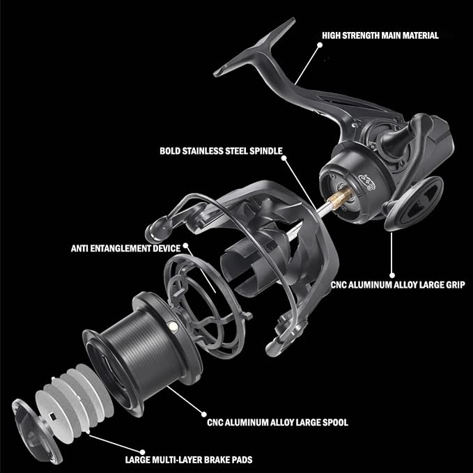 Heavy Duty Spinning Reel Metal Body with CNC Machined Spool 55LB Max Drag 6/8+1 Bearings Ultra Smooth 4.6/4.8:1 High Speed Gear Ratio Saltwater Freshwater Fishing Reel for 8000 to 14000 Series