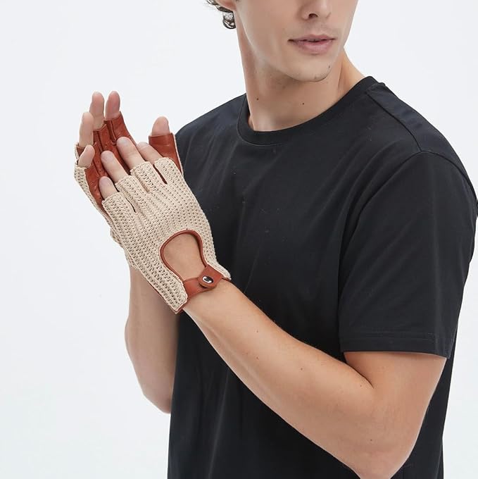 Fingerless Driving Gloves for Men– Soft Lambskin Leather, Crochet String Back