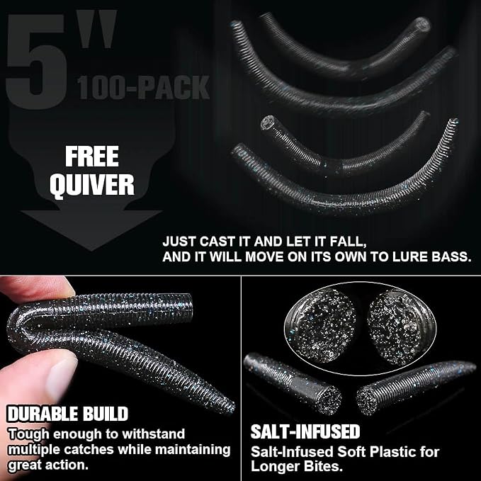 Wacky Worms Soft Plastic for Bass Fishing Lures–100 Pack 4" & 5" Stick Baits Wacky, Texas, Neko & Drop Shot Rigs–Bulk Soft Lure