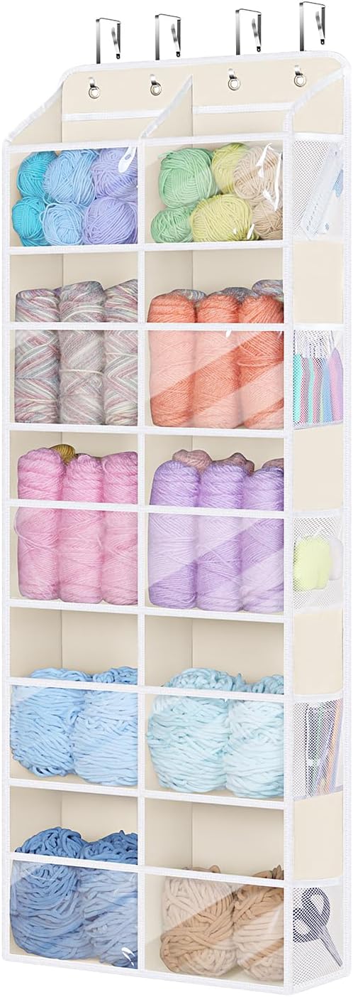 Univivi Over Door Hanging Yarn Storage Organizer, 5 Tiers Hanging Yarn Crochet Organizer with 10 Mesh Side Pockets for Crochet Accessories, Knitting Needles and Yarn Balls, Beige