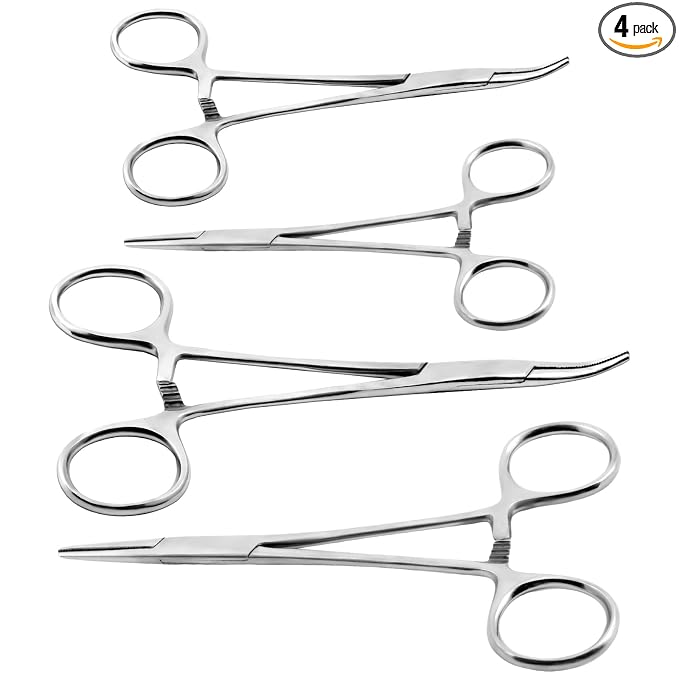 Ainiv 4 Piece Hemostat Curved and Straight Stainless Steel Self-Locking Fishing Forceps Piercing Remover Tool Piercing Grabber Tool for Nurses Pet Grooming Care Fishing DIY Crafting(5"+7")