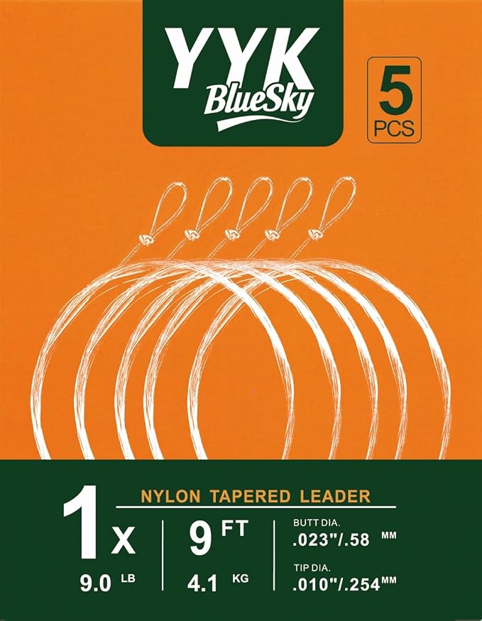 YYKBlueSky 9FT Clear Nylon Tapered Leader, Multiple Sizes 0X-7X (0X 1X 2X 3X 4X 5X 6X 7X) Optional, 5PCS Each for Freshwater Fly Fishing Line