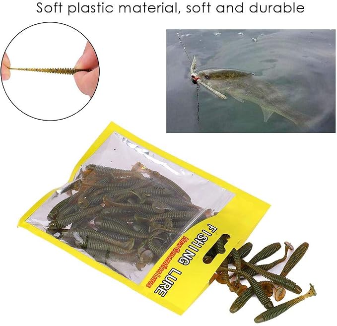 Tbest 50 Pcs 5cm Soft Fishing Lures, Plastic Fishing Bait T-Tail Grub Worm Baits Fish Tackle Accessory 9 Colors