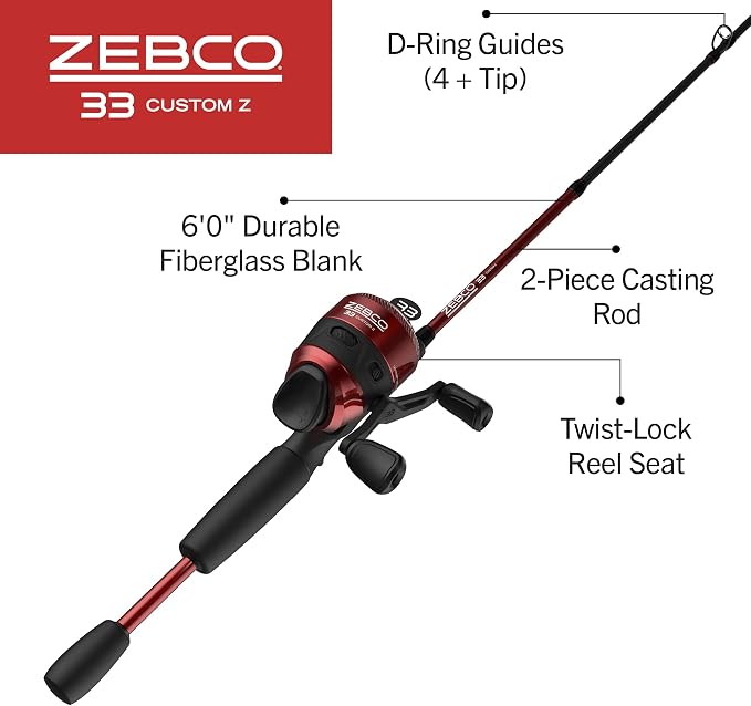 Zebco 33 Custom-Z Spincast Reel and 2-Piece Fishing Rod Combo, 6-Foot Fiberglass Rod with Split-Grip EVA Handle, Quickset Anti-Reverse Fishing Reel with Bite Alert