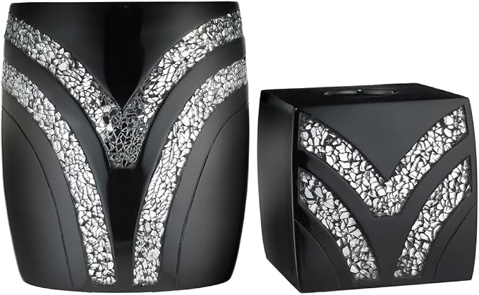 Zahari Home 2pc Sinatra Black Modern Bath Accessories Set Waste Basket & Tissue Box Modern Decorative Beautiful Designs Bathroom Decor Set for Home Luxury Bath Set Mosaic Glass