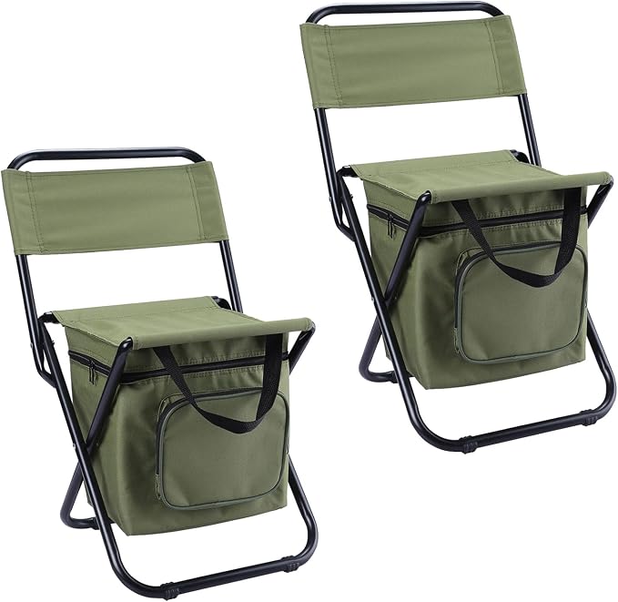 LEADALLWAY Fishing Chair with Cooler Bag Compact Fishing Stool Foldable Small Hunting Chair 12.2" Seat Depth,12.6" Seat Width