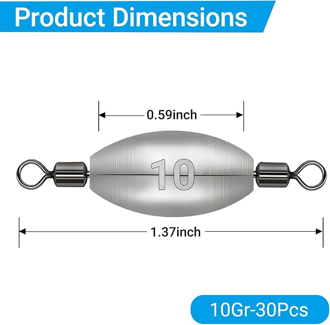 Polsefve Inline Trolling Fishing Weights with Inner Swivels, Oval Drop Casting Sinkers Lead Sinker Tackle for Catfish Bass Saltwater & Freshwater Bottom Fish(10g/15g/20g/30g/40g/60g)