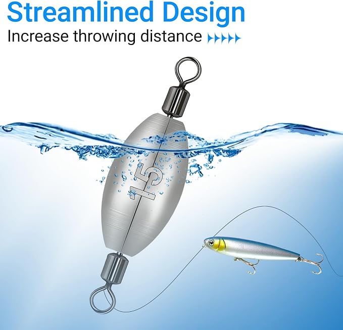 Inline Trolling Weights with Swivel, Fishing Sinkers for Catfish Bass Saltwater Freshwater, Anti-Twist Smooth Rolling Egg Sinker Design, Assorted Sizes Fishing Weights Kit