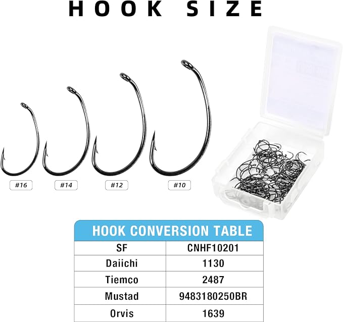 SF Fly Tying Hooks Ultra Sharp High Carbon Steel for Nymphs Wet Traditional Dry Streamers Eggs Jig Poppers Emergers Terrestrial Flies with Mini Box 100Pcs