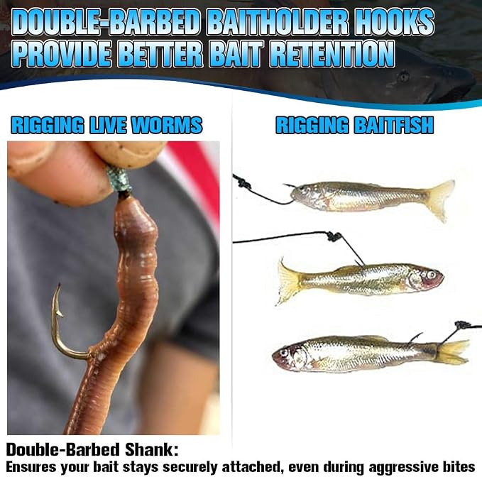 Baitholder Fishing Hooks 100 Pack - Double-Barbed Long Shank for Bluegill Bass Trout Walleye Black/Red, 8/0-#8