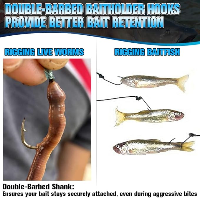 Baitholder Fishing Hooks 100 Pack - Double-Barbed Long Shank for Bluegill Bass Trout Walleye Black/Red, 8/0-#8