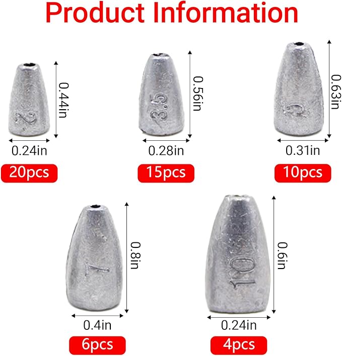 Fishing Weight Sinkers, 50pcs/55pcs Lead Worm Weights Fishing Sinkers for Bass Fishing Texas Rigs(2g/3.5g/5g/7g)