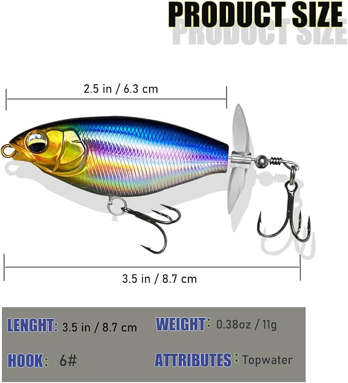 Topwater Fishing Lures with Floating Rotating Tail,Floating Lure for Bass Catfish, Water Fishing Lure for Freshwater or Saltwater, 5pcs with Storage Box.