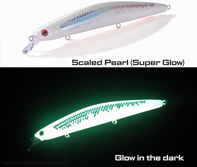 LITTMA California Surf Fishing Lures Saltwater Jerkbait Crankbait Surf Minnow 110/125 - Metallic Sardine Super Glow & Pearl Pink Belly Glow Lures for Halibut & Striper Fishing