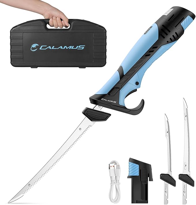 Calamus BladeVolt Rechargeable Cordless Electric Fillet Knife with 7" & 9" Blades, 27,000 RPM Motor, Type-C Battery, Non-Slip Grip & Safety Lock, Portable Carry Case, Fishing Gear and Gifts for Men