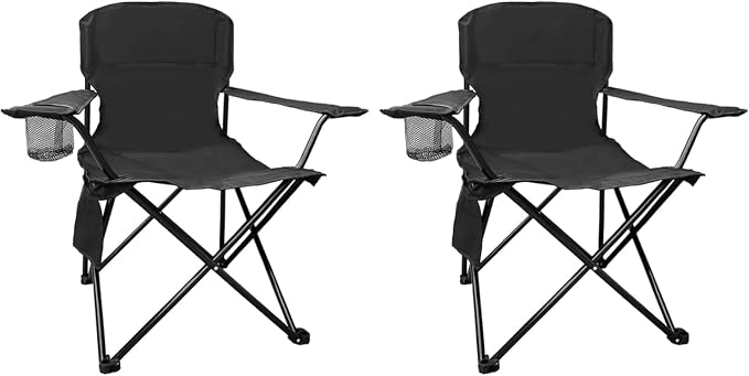 Folding Camping Chair with Cup Holder & Storage Bag, 225lbs Capacity, Large Anti-Sink Feet, Breathable PE Coated Fabric for Outdoor, Hiking, Beach, Fishing, Backpacking, 2PCS Black