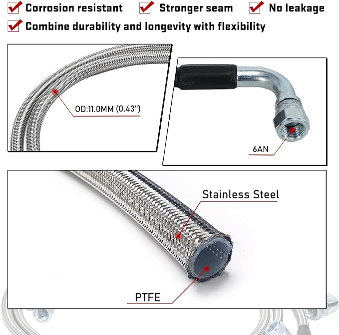 6AN 52" Transmission Fluid Oil Cooler Hose Line kit for GM Chevy Ford GMC Buick Cadillac Cars and Trucks Stainless Steel Braided PTFE Hose
