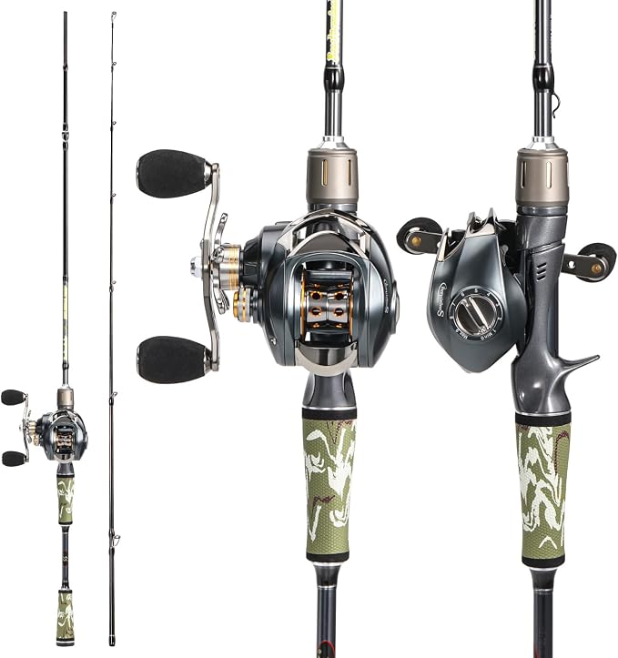 Sougayilang Baitcaster Combo for Freshwater and Inshore, 2 Piece 30Ton+24Ton Graphite Fishing Rod with SuperPolymer Handle, 7.0:1 Gear Ratio Baitcasting Reel, 11+1 Bearings, S Style Hook Keeper