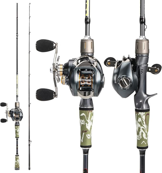 Sougayilang Baitcaster Combo for Freshwater and Inshore, 2 Piece 30Ton+24Ton Graphite Fishing Rod with SuperPolymer Handle, 7.0:1 Gear Ratio Baitcasting Reel, 11+1 Bearings, S Style Hook Keeper