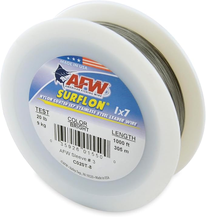 American Fishing Wire Surflon Nylon Coated 1x7 Stainless Steel Wire Leader - Wire Fishing Leader Line for Saltwater 10lb Up To 250lb Test in Bright, Black, Camo in 30ft, 100ft, 300ft, & 1000ft Lengths