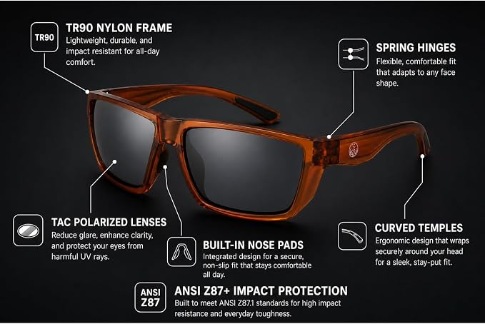 Polarized Fishing Sunglasses for Men - UV400 Protection - Lake, River, Ocean - Lightweight TR90 Frame