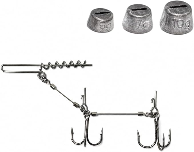 Eupheng 3pcs 3 Size Premium Pike Stinger Rig with Double Treble Hooks, Screw Rigging Kit with Sinker Weight for Soft Bait, Heavy-Duty Wire Leader