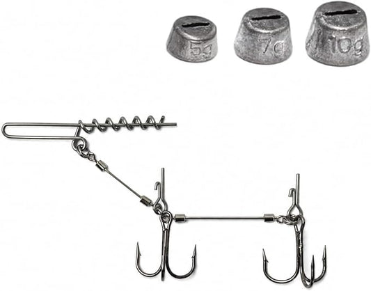 Eupheng 3pcs 3 Size Premium Pike Stinger Rig with Double Treble Hooks, Screw Rigging Kit with Sinker Weight for Soft Bait, Heavy-Duty Wire Leader