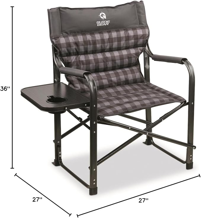 Guide Gear XL Comfort Padded Director’s Camp Chair; 400-lb. Capacity, for Camping, Fishing or by the Beach and Swimming Pool Gray Plaid