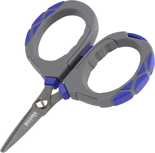 Booms Fishing Braided Line Scissors: Micro-Serrated Stainless Steel Blades Line Cutter - XW01 4.1" Fishing Serrated Shears with Coiled Lanyard