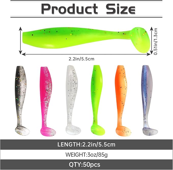 MAFIMOEA 50 Pcs Soft Fishing Lures Plastic Paddle Tail Swim Baits Kit for Bass Trout Walleye Crappie 5 Mixed Colors Fishing Soft Plastic Lure Kit 5.5CM