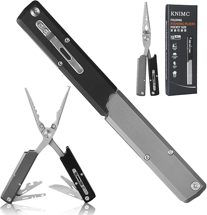 12-IN-1 Fishing Multitool, Titanium Coated Saltwater Fishing Pliers | Pen-shaped Foldable Fishing Pliers, Catfishing Equipment, Fish Hook Remover, Split Ring Pliers, Line Stripper, Gifts for Men