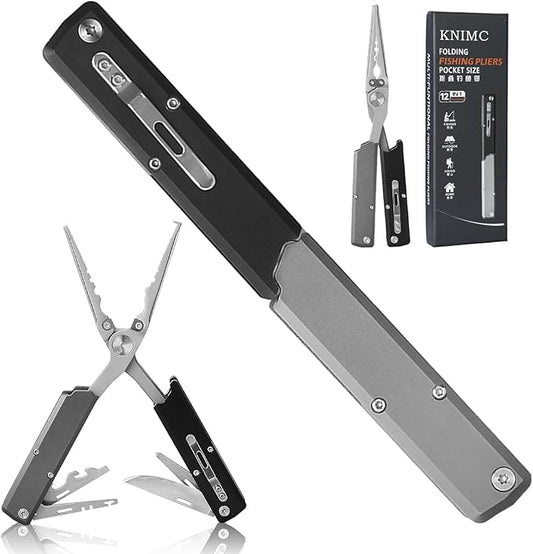 12-IN-1 Fishing Multitool, Titanium Coated Saltwater Fishing Pliers | Pen-shaped Foldable Fishing Pliers, Catfishing Equipment, Fish Hook Remover, Split Ring Pliers, Line Stripper, Gifts for Men