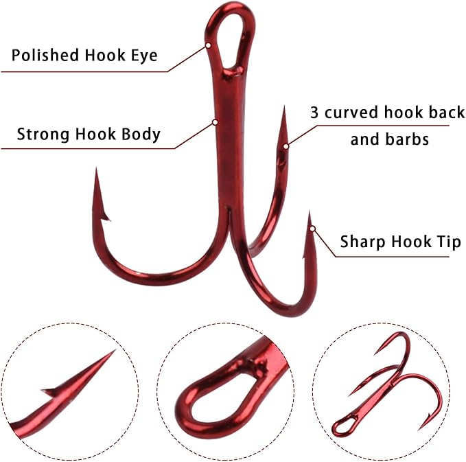 Fishing Treble Hooks Triple Fishing Hooks High Carbon Steel Barbed Sharp Round Bend Treble Hooks Replacement for Hard Lures Bait