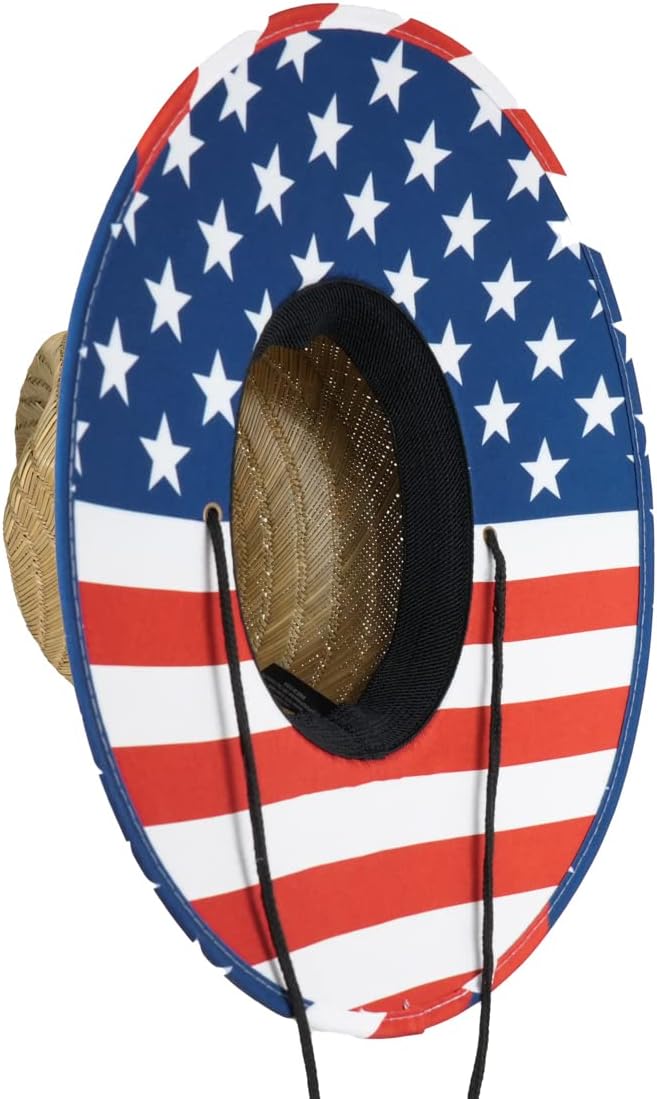 grinderPUNCH Lifeguard Hat Mens Straw Sun Hat for Outdoor American Flag USA Patriotic Straw Beach Fishing Straw Hat for Men