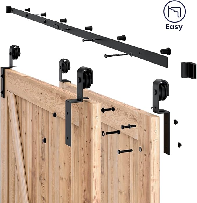 SMARTSTANDARD 8 Feet Bypass Sliding Barn Door Hardware Kit - for Double Wooden Doors-Single Track - Smoothly & Quietly - Easy to Install-Fit 84" Opening
