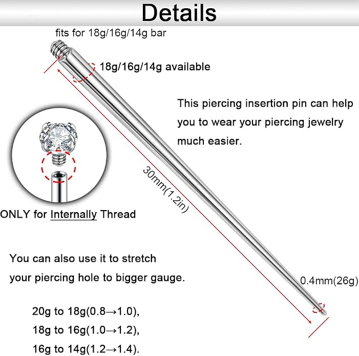 14g/16g/18g ASTM F136 Titanium Piercing Taper Insertion Pin for Internal Thread Tragus/Helix/Lip/Nose/Helix/Piercing Jewelry Cartilage Earrings Labret Nose Studs Stretcher Assistant Tool