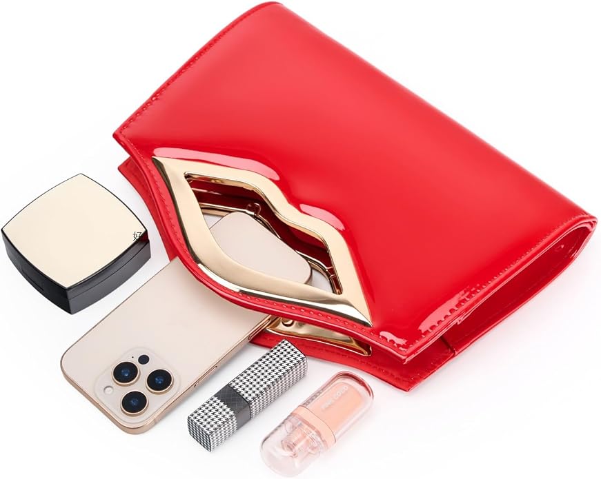 DETARA Patent Leather Evening Clutch Purse for Women Lip Metal Grip Handle Handbag for Cocktail Party Prom