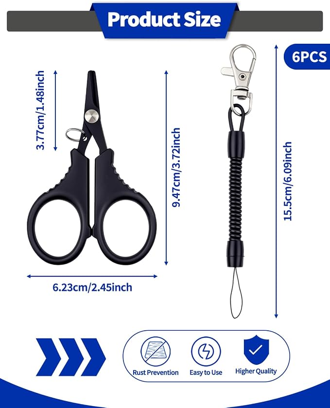6 Pieces Fishing Scissors, Stainless Steel Fishing Line Cutter &braided Line Cutter, Cutters with Titanium Coating-Fishing with Hook and Retractable Coil Lanyards Fishing Accessories (Black)