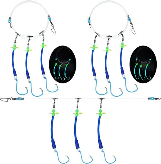 Pre-Rigged Deep Drop Saltwater Rigs – Glow Tubes, Hooks, Beads & Spinner Blade – 6/0 8/0 Circle Hooks for Snapper/Grouper/Tilefish (3/6 Hooks)