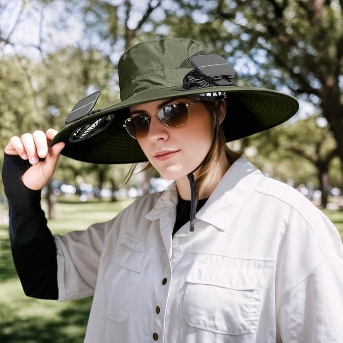 Solar Powered Fan Hat for Men Women Wide Brim Hat with 2 Fans UPF 50+ Outdoor Fishing Beach Sun Hat