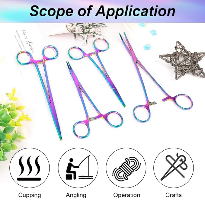 Ainiv 4 Piece Hemostat Curved and Straight Stainless Steel Self-Locking Fishing Forceps Piercing Remover Tool Piercing Grabber Tool for Nurses Pet Grooming Care Fishing DIY Crafting (Colorful, 5"+7")