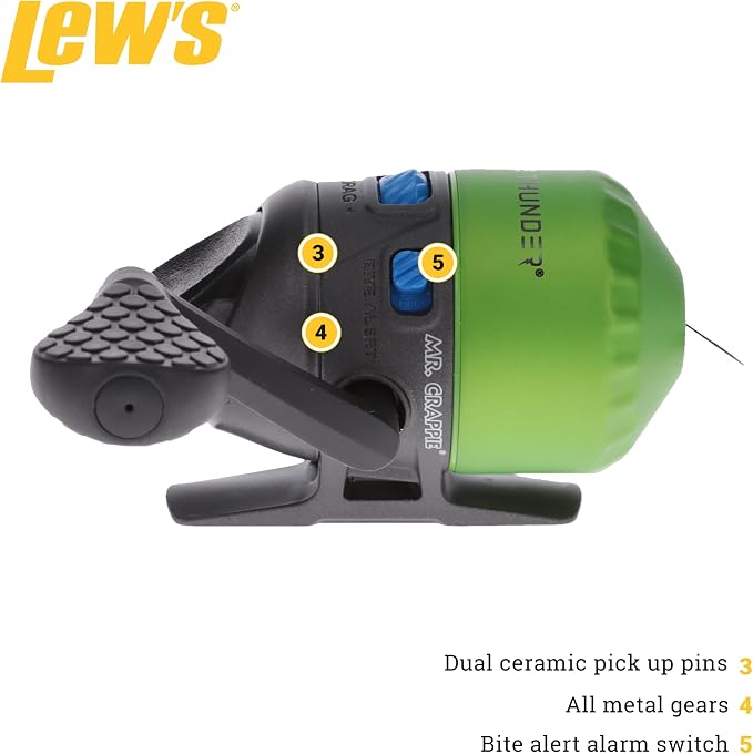Lew's Crappie Thunder Spincast Fishing Reel, 4.3:1 Gear Ratio, Right or Left-Hand Retrieve, Crappie Thunder Green