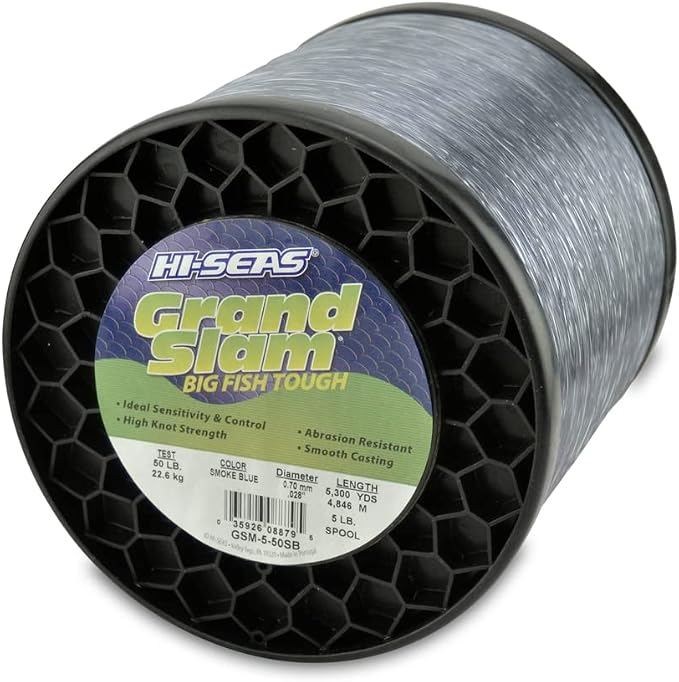 HI-SEAS Grand Slam Monofilament Fishing Line - Strong & Abrasion Resistant in Clear, Pink, Green, Smoke Blue, Fluorescent Yellow Freshwater & Saltwater - 5 lb Spool